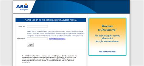 The instructions provided highlight the steps for logging into the ABM Doculivery system with a unique User ID and Password to access your online paystubs. . Doculivery abm